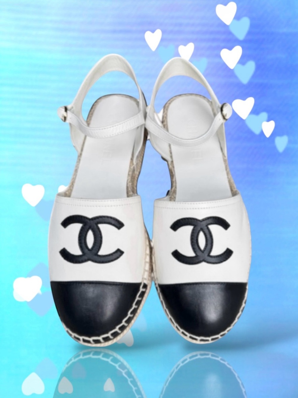 🆕💞CHANEL White & Black Lambskin Espadrilles CC Logo Sandals Ankle Straps 37C EU